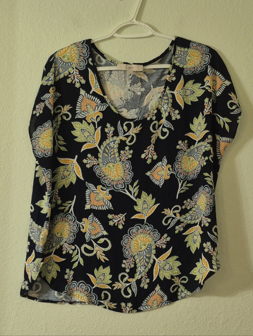 LOFT Navy Floral Paisley V-Neck Blouse with Yellow & Green Accents